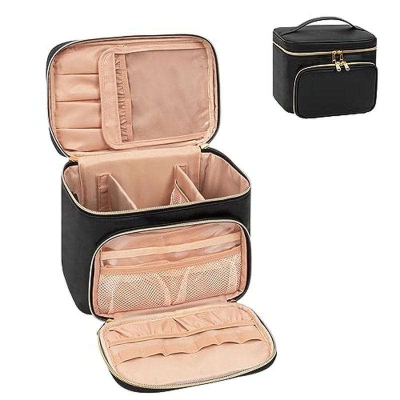 Large Makeup Bag, Portable Travel Makeup Bag for Women Girls with Makeup Brush Compartment, Stylish Makeup Bag Organizer Cosmetic Case With Handle and Divider - Black