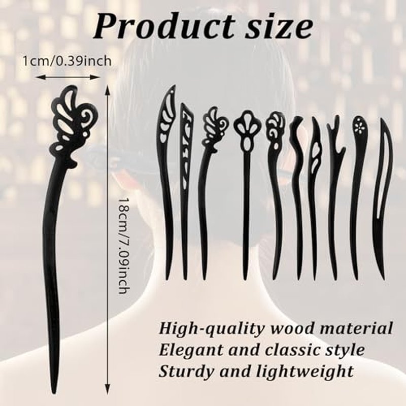 JIYIN 10 Pcs Wooden Hair Sticks, Chinese Traditional Hair Stick Japanese Hair Chopsticks, Wooden Chinese Chopstick Hair Pins for Women Long Hair Chignon Maker Handmade Hair Accessories(Style1)