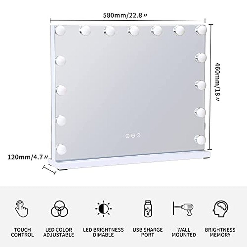 NUSVAN Vanity Mirror with Lights Lighted Makeup Mirror with Dimmable LED Bulbs,3 Color Lighting Modes,USB Charging Port Touch Control,Sturdy Metal Frame Design,White (50x40cm, 4.70)