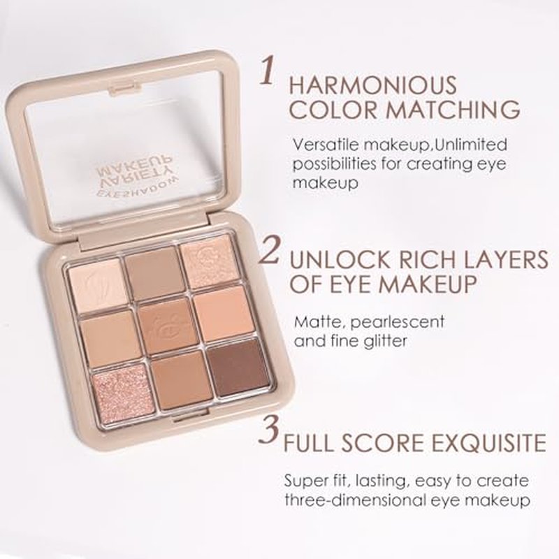 JUAAZIN Nude Eyeshadow Palette Natural Matte Shimmer Glitter 9 Colors, Light Bronw Nude Brown Neutral Warm Eyeshadow Palette, Velvety Matte Finish Long Lasting Waterproof Professional Makeup 01#