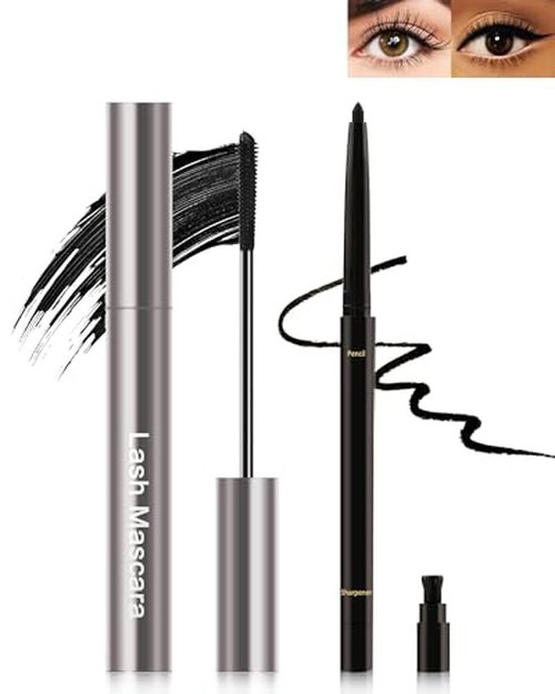 Black Mascara & Eyeliner Set for Older Women 60 Plus, Tubing Mascara Volume and Length, Cream Waterline Eyeliner Gel Pencil, for Thinning Lashes, Sensitive Eyes, Waterproof Smudge Proof Long Lasting