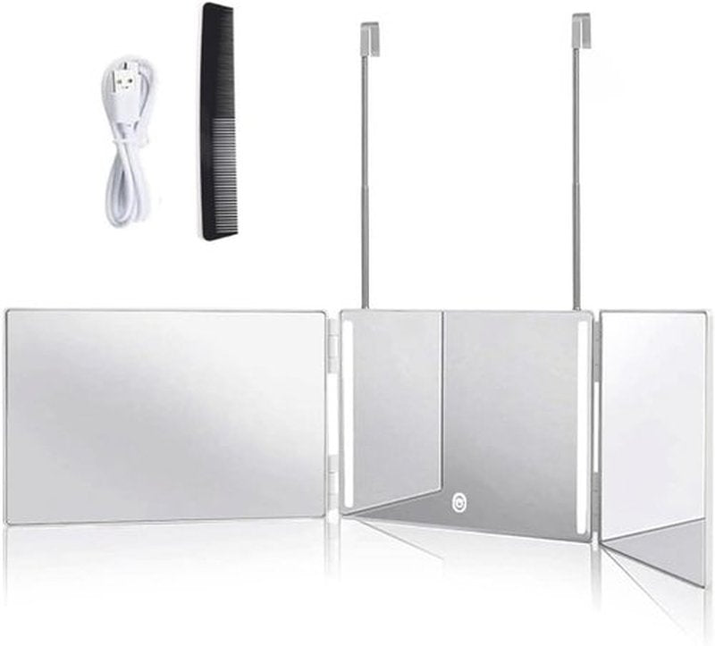 LED 3 Way Mirror with Adjustable Lighting for Self Hair Cutting, 360 Mirror for Men Shaving & Women Dyeing Hair Braiding, Portable for Travel, Bedrooms, Bathroom (White)