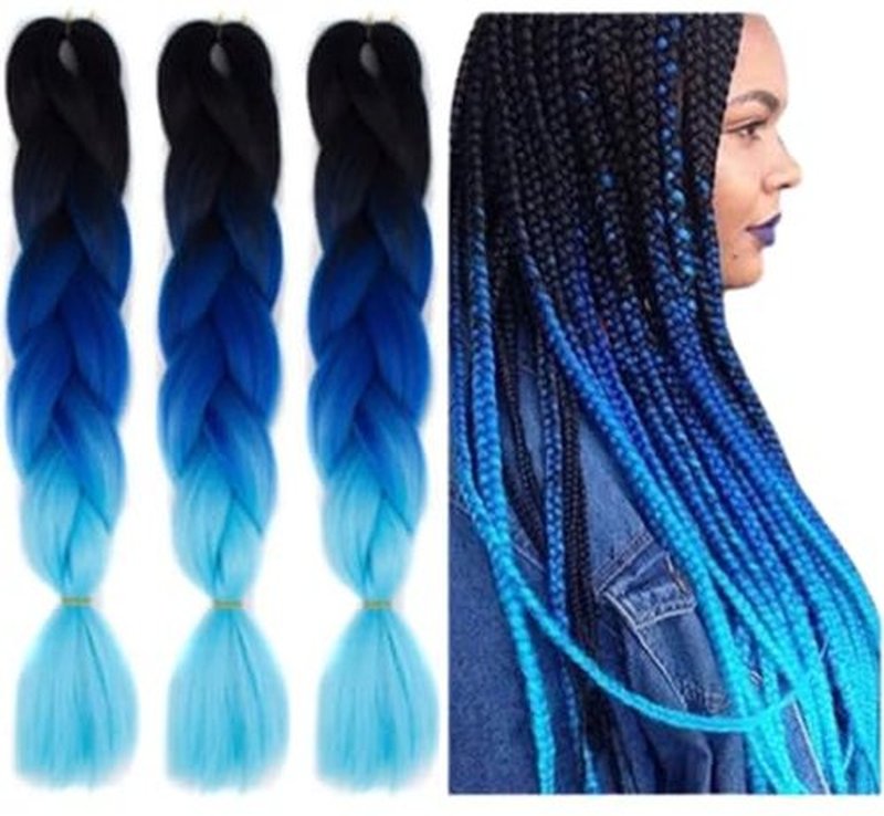 Braiding Hair Extension Jumbo Ombre Colorful for Crochet Braiding 6 Packs (High temperature, Synthetic Fiber, 24 inches) (3 Bundles, Black to Blue to Light blue)