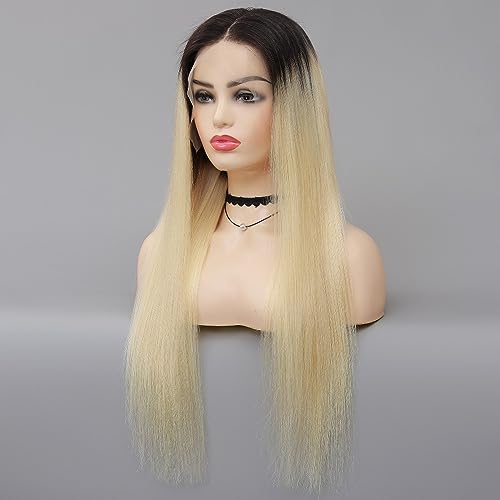 MSMYRNS 26 Inch Halloween Costume Wig HD Lace Middle Parting 1B Ombre 613 Blonde Color Jet Black Dark Roots Role Play Party Wig