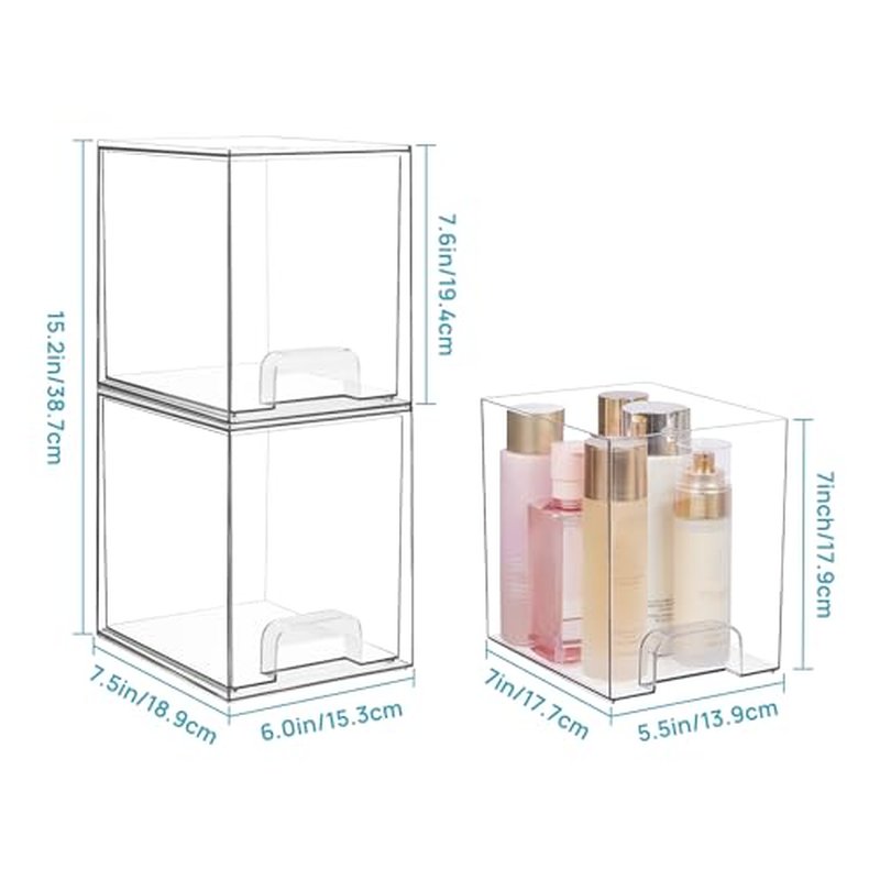 Vtopmart 7.6" H Clear Stackable Storage Drawers, 2 Pack Plastic Organizers Bins for Skincare, Cosmetics,Beauty Supplies,Ideal for Vanity, Bathroom,Kitchen Countertop,Cabinet Organization