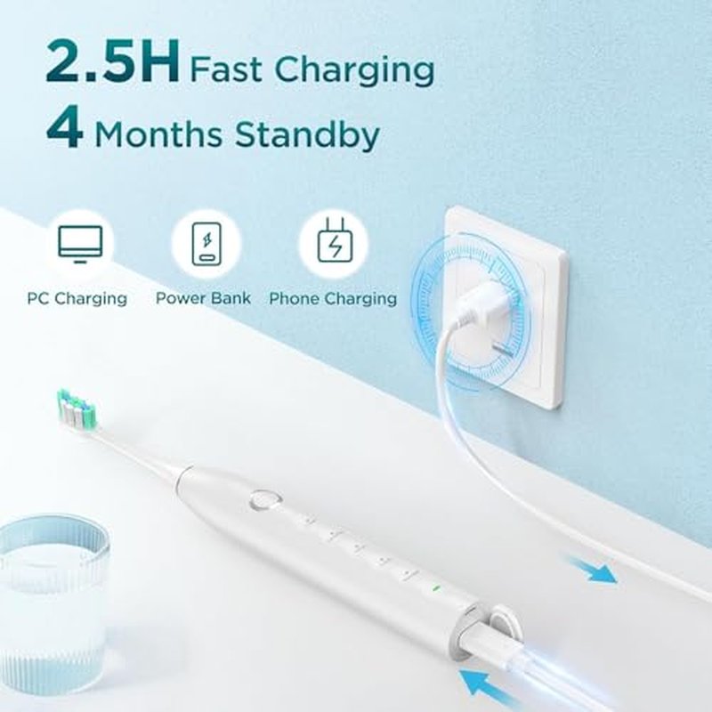 Fronix Electric Toothbrush for Adults with 8 Brush Heads, Sonic Toothbrush Rechargeable with a Holder & Travel Case, 2.5 Hours Charge for 120 Days Use - White
