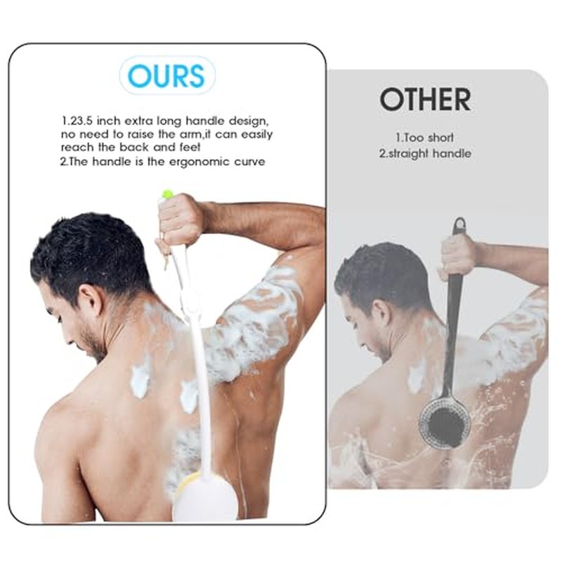 Dual Head Replacement Back Brush Long Handle for Shower, 14.5” Back Bath Brush for Lotion Applicator Exfoliation and Improved Skin Health for Elderly with Limited Arm Movement（2 Brush Heads） ﻿
