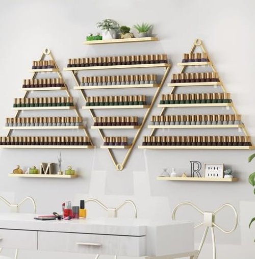 LEYSRIS Wall-Mounted Nail Polish Rack, Set of 6 Triangular Gold Nail Polish Shelf Lipstick Perfume Cosmetic Display Shelf for Home Spa Nail Salon Shop