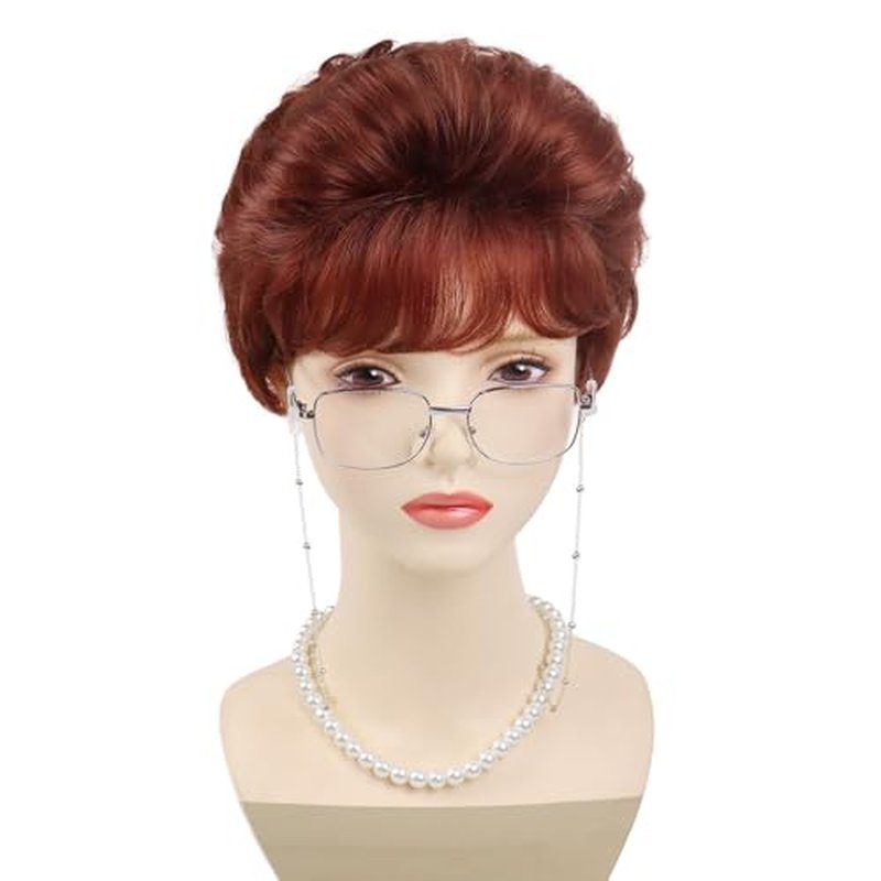 GNIMEGIL Auburn Short Curly Old Lady Wig Set Synthetic Hair Grandma Wig Red Brown Halloween Costume Granny Mommy Outfits White Women Wig with Glasses, Necklace & Chain for Older Ladies