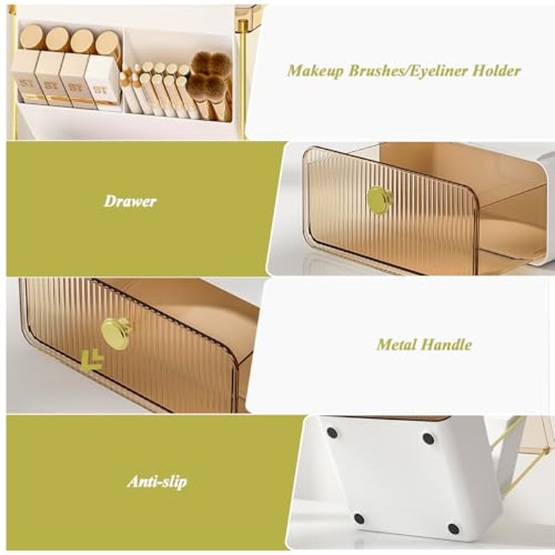 FOLLOWIN Makeup Organizer with Storage Drawer,Cosmetic Display with Lipsticks Brush Holder Perfume Tray,Organize Cosmetics and Beauty Supplies for Vanity,Dresser,Bathroom,Desktop Organizer,Amber