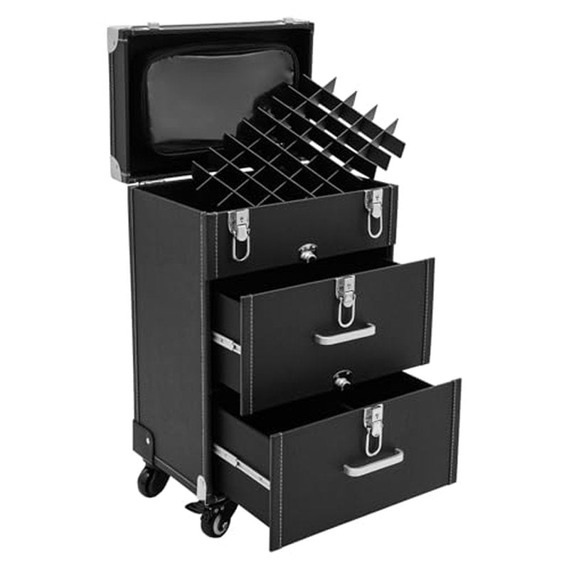 PalaUha Rolling Makeup Train Case Professional Cosmetic Organizer Trolley with Drawers Compartment Nail Case Wheeled Manicure Pedicure Storage Case for Hair Stylists Makeup Artists (Black & Silver C)