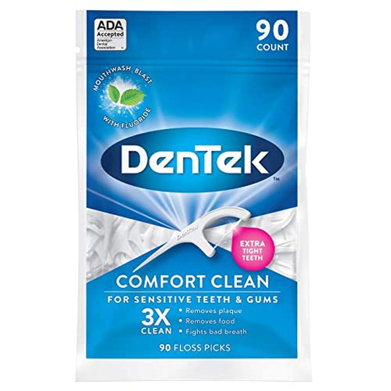 DenTek Comfort Clean, Sensitive Gums, Floss Picks, Mouthblast Mint Flavor, Soft and Silky Ribbon, Gentle on Gums, 90 Count in Each Pouch (Pack of 3)