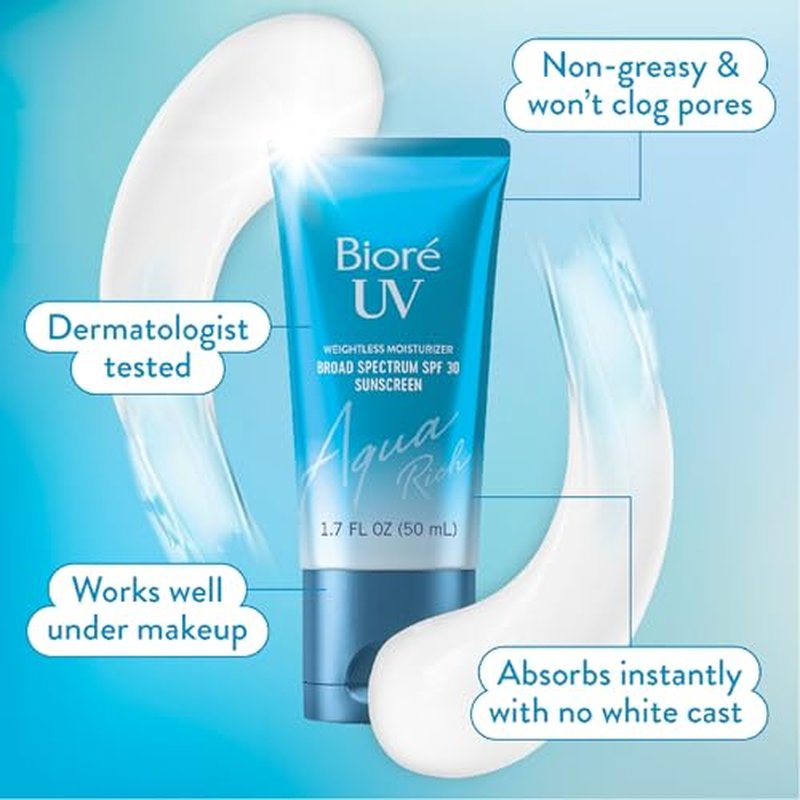Biore UV Aqua Rich SPF 50 PA++++ Daily Moisturizer Sunscreen for Face, For Sensitive Skin, Oil Free, Hyaluronic Acid, Vegan, Oxybenzone & Octinoxate Free, Dermatologist Tested, 1.7 Oz/3pk