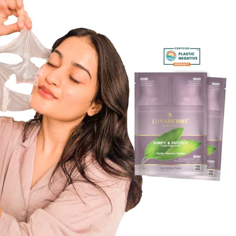 LuxaDerme Purify & Protect 3 Step Tune-Up Kit - Cleansing Scrub, Bio Cellulose Sheet Mask, Booster Cream