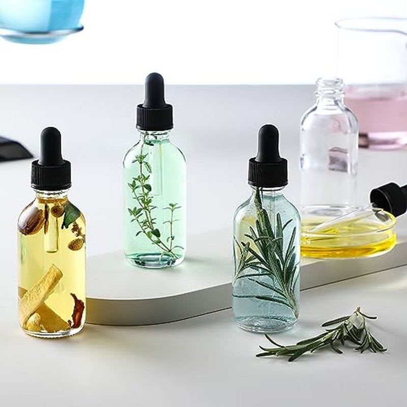 Set of 4, 1 oz Clear Eye Dropper Bottles with 1 Stainless Steel Funnels & 4 Labels - Black Caps 30ml Thick Glass Tincture Bottles - Leakproof Essential Oils Bottles for Health, Personal Care & Beauty