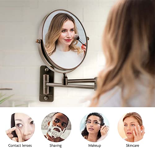 OVENTE 7" Wall Mounted Makeup Mirror with 1X/10X Magnification, Double Sided Magnifying Round Bathroom Vanity Mirror, 360° Swivel Design, Extendable and Folding Arm, Nickel Brushed MNLFW70BR1X10X