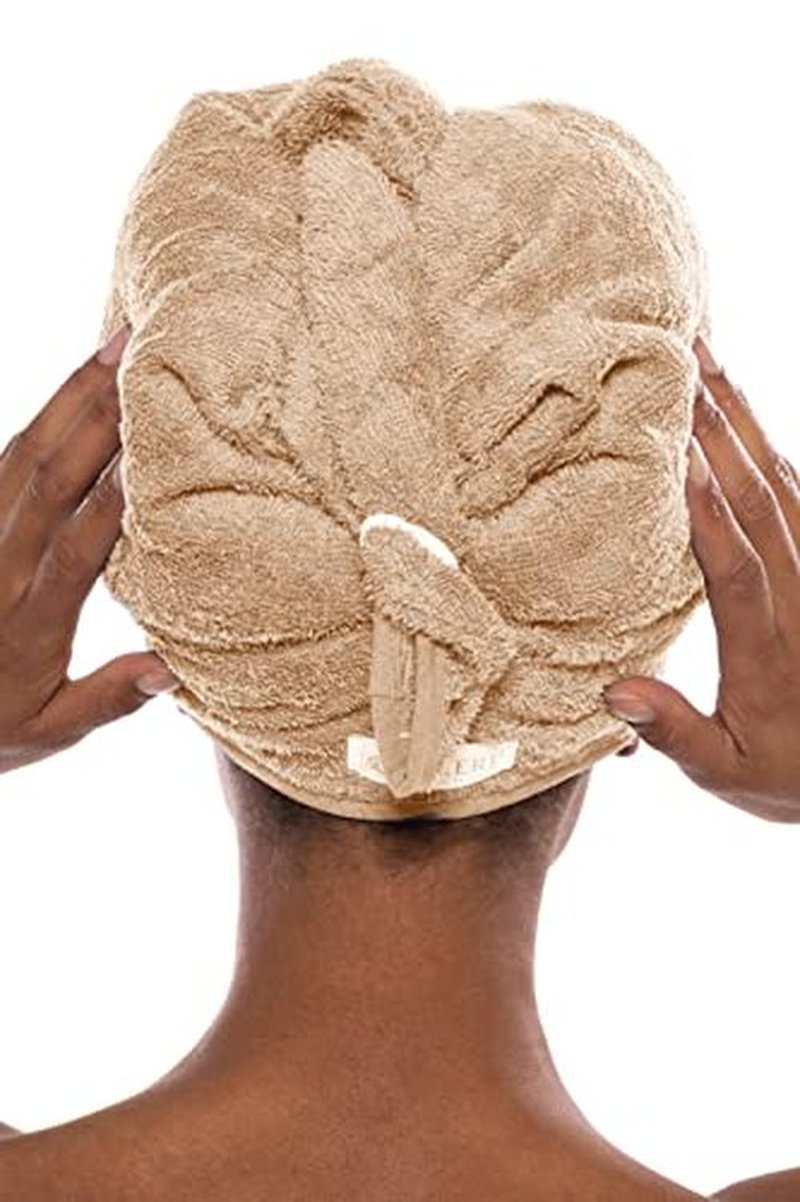 TexereSilk Women's Rayon and Cotton Terry Hair Towel - Lightweight, Absorbent Quick Drying Hair Wrap for Thick and Curly Hair (Tya, Almond Buff, U)