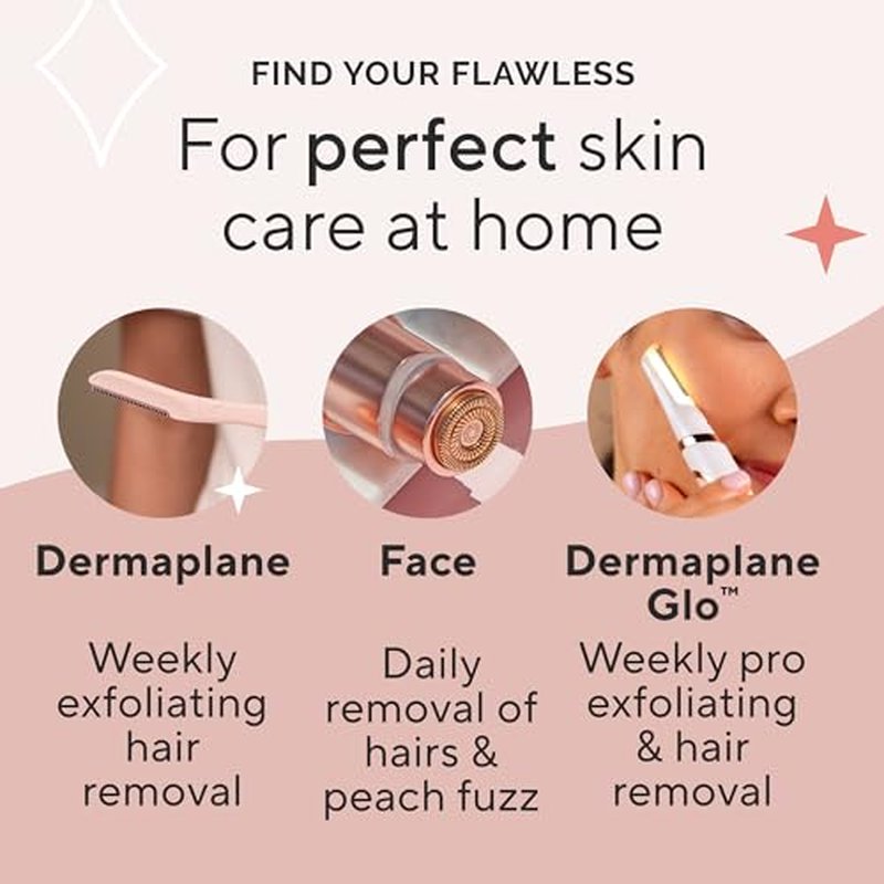 Finishing Touch Flawless Dermaplane Glo Sonic Lighted Facial Exfoliator, Electric Vibrating Dermaplane Razor for Dermaplaning, Facial Hair Removal, 6 Replacement Heads
