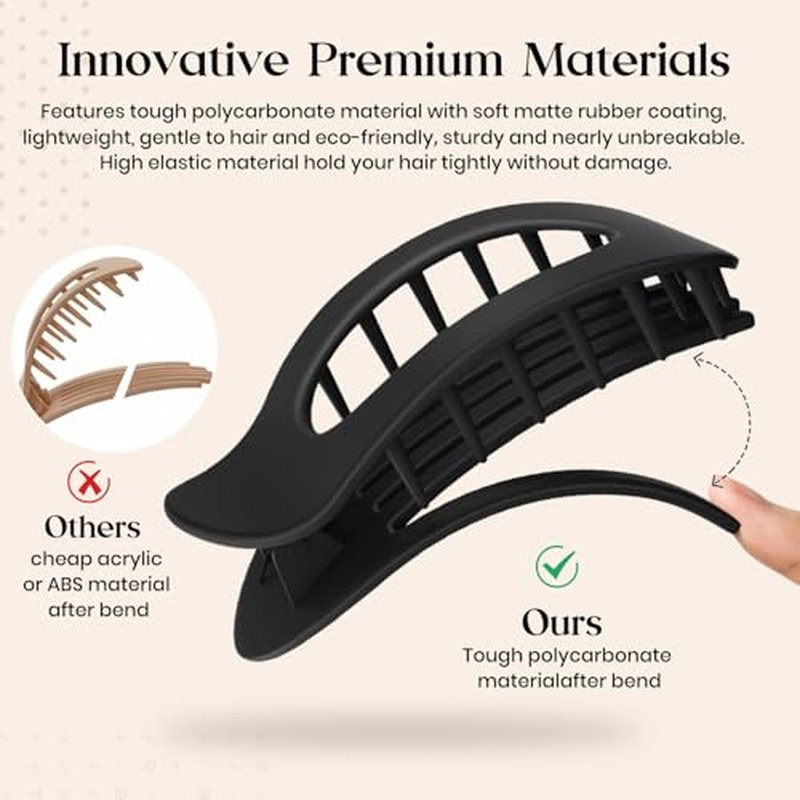 Oeusnael 2 PCS Flat Hair Clips, French Round Lay Down Claw Clips for Women Girls, Matte Non-slip Strong Hold Hair Clips for Thick Thin Curly Hair, Comfortable Curved Flat Hair Clips, Brown & Black