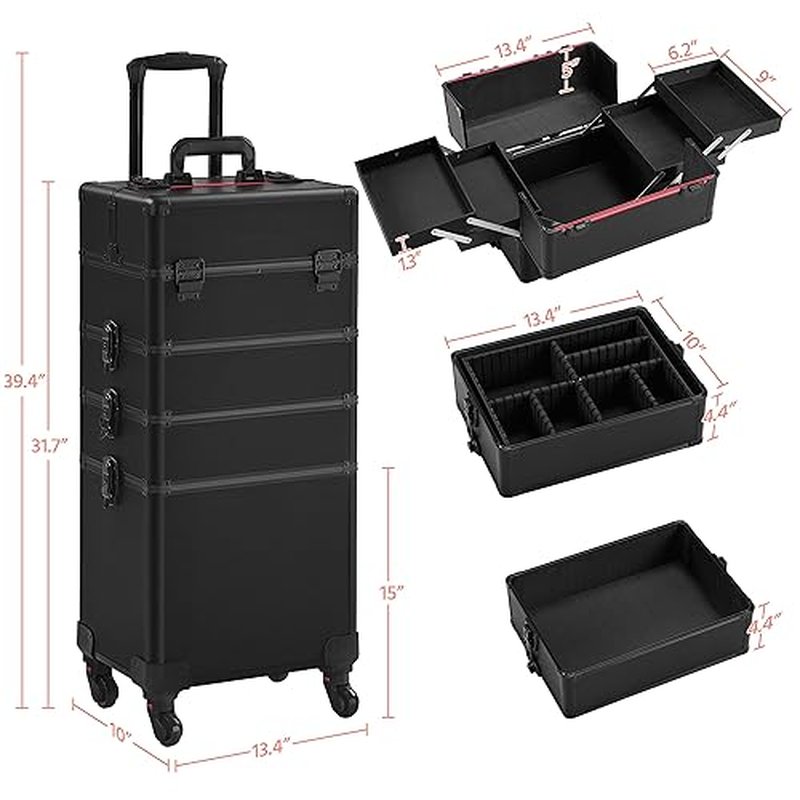 Yaheetech 4 in 1 Professional Makeup Train Case Aluminum Cosmetic Case Rolling Makeup Case Extra Large Trolley Makeup Travel Organizer, with 360° Swivel Wheels, Black