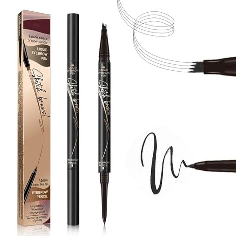 2 in 1 Eyebrow Pencil, 2024 Upgrade Magic Eyebrow Tattoo Pencil 4 Fork Tip, Waterproof Eyebrow Pen Microblading Eyebrow Pencil Natural Fine Stroke Eyebrow Pen (Black)