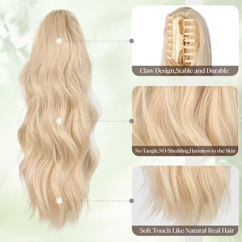 ALXNAN Ponytail Extension,24 Inch Claw Ponytail Hair Extensions for Women，Claw Clip in Long Wavy Synthetic Mixed Blonde Ponytail Extension for Daily Use.