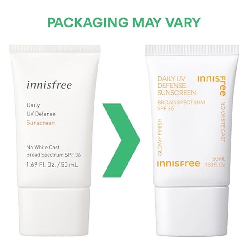 innisfree Daily UV Defense Sunscreen Broad Spectrum SPF 36, Invisible Korean Sunscreen for Face with No White Cast (Packaging May Vary)