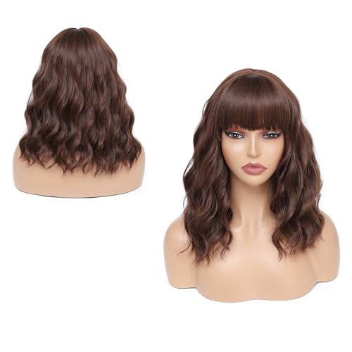 WEIWENHEE Short Wave Curly Bob Wig With Bangs-14 inch, Black Mixed Brown,Short Bob Wigs, Synthetic Wigs For Women, Natural Looking Heat Resistant Fiber Wigs