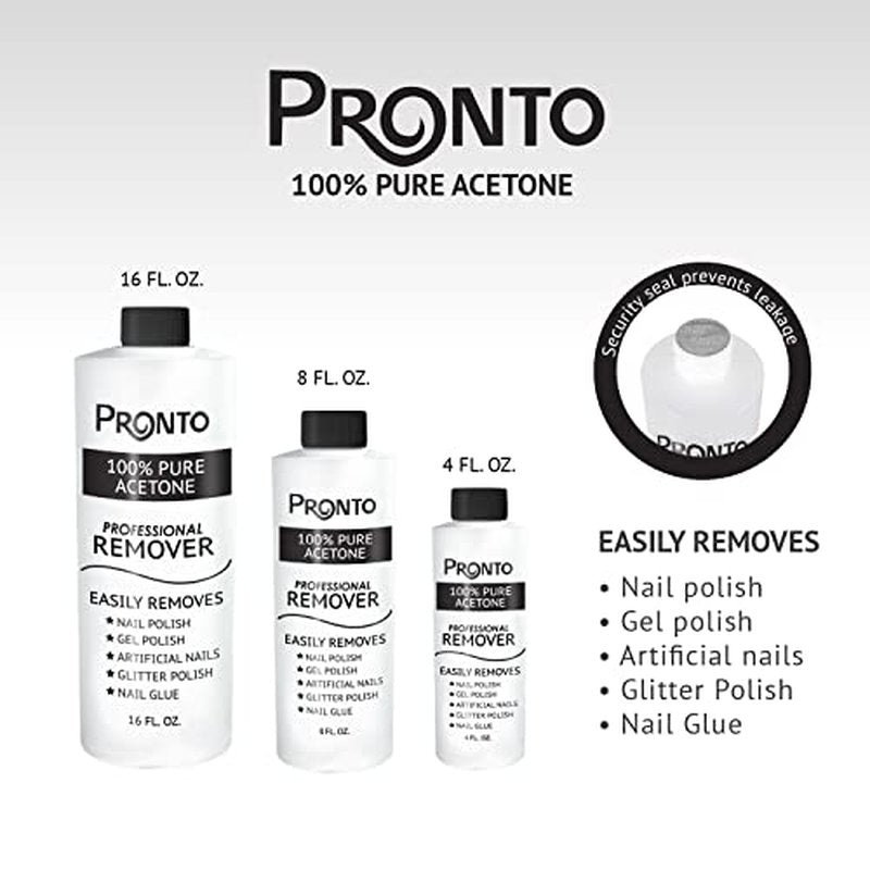 Pronto Acetone Nail Polish Remover 8 Fl Oz with Manicure Kit - Includes Nail File, Buffer, Pusher, Scraper - Pure Acetone 100 Percent - Quick & Professional Gel Acrylic Nail Remover Kit