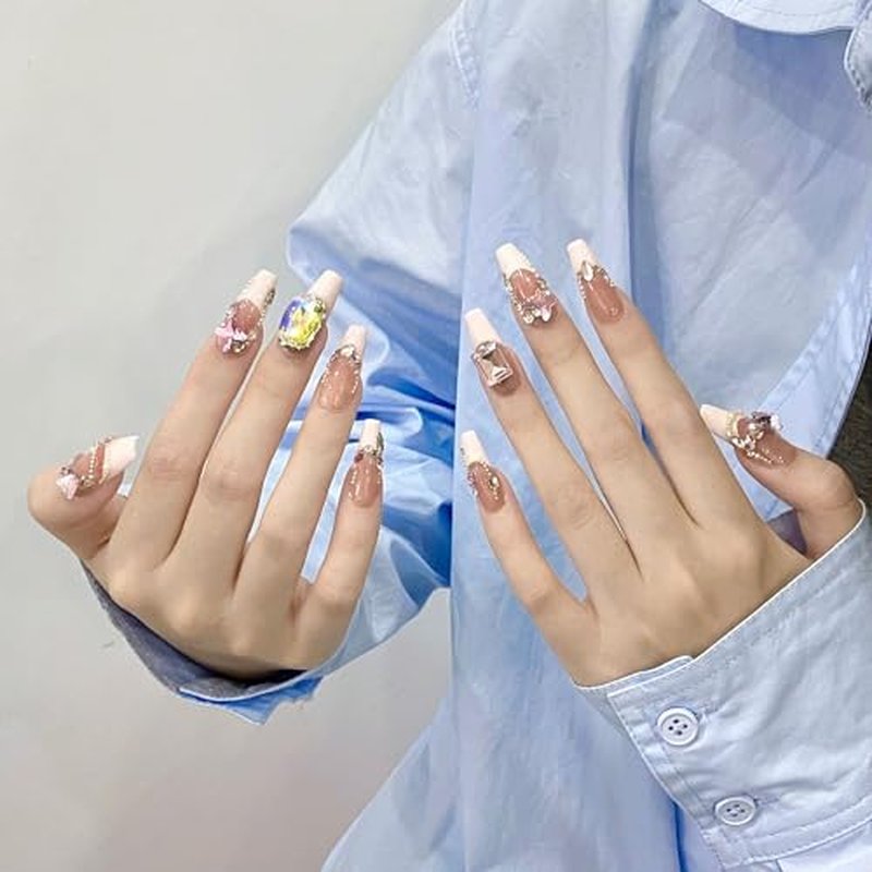 Wsliana Handmade Press On Nails Medium Coffin Shape Mid French Tip Design Rhinestone Details White and Pink 10pcs Glue On Acrylic Fake Nails with Storage Box Comfortable Nail Kit (079 S)