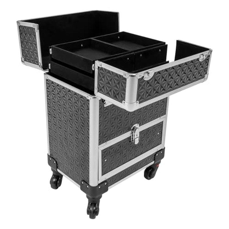 Rolling Makeup Train Case with Storage Sliding Drawer and Removable Divider, Lockable Cosmetic Travel Trolley Case with Wheels Salon Barber Travel Cart Trunk for Nail Tech Hairstylist (Black Silver)