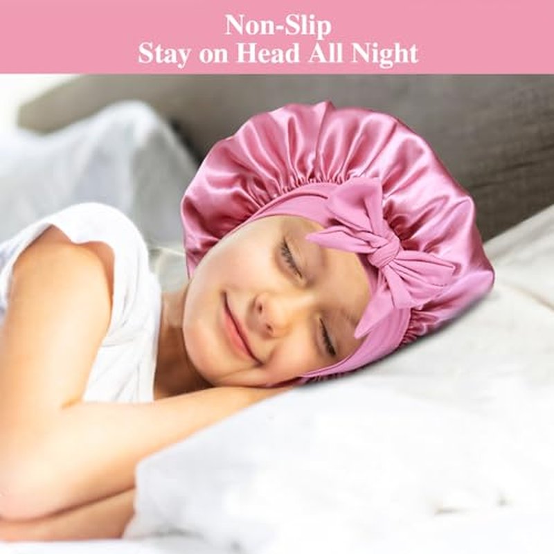 2+2 Satin Bonnets with Scrunchies for Kids, Cute Hair Bonnets for Girls Sleeping Curly Hair, A
