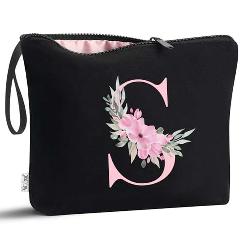 Vavabox A-Z Personalized Makeup Bag,Birthday Gifts for Women Mom,Gifts for Best Friend,Bride Bridesmaid Cosmetic bag (N, Pink)