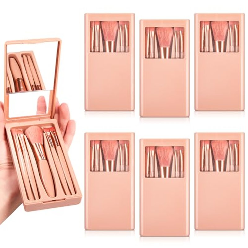 FoldTier 6 Sets Bridesmaid Proposal Gifts Mini Travel Makeup Brushes Bulk Bridesmaid Trip Bride Cosmetic Bag for Wedding Bridal Shower Bachelorette Party(Apricot Color)