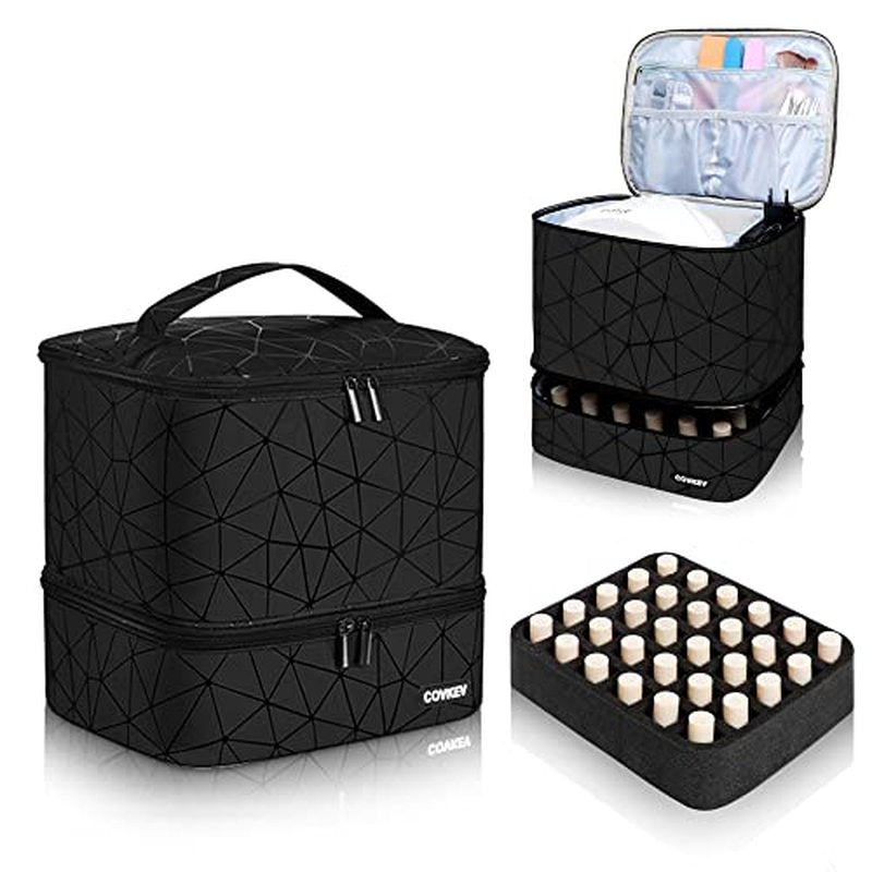 Covkev PU Leather Nail Polish Organizer Bag Holds Nail Lamp& 30 Bottles (15ml-0.5 fl.oz), Portable Travel Nail Kit Storage Carrying Case, Double Layer Nail Supplies Organizer Handbag (Elegant Black)