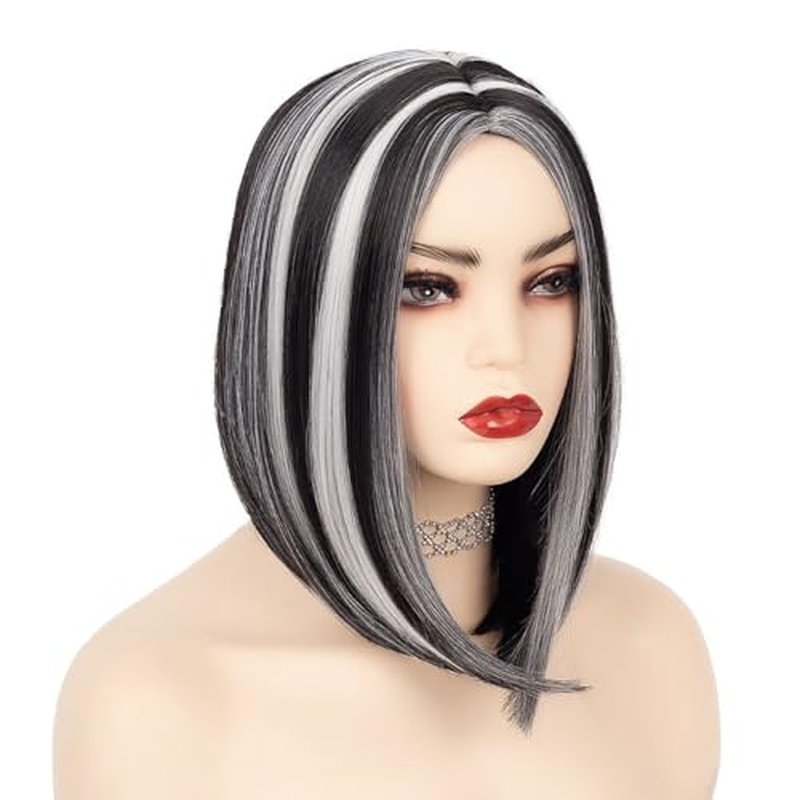 Salaibs Black White Bob Wigs for Women Straight Short Wig with White Highlight Synthetic Middle Part Heat Resistant Hair Wig for Daily Party Use