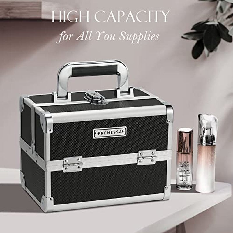 FRENESSA Makeup Train Case Cosmetic Organizer Case Portable Makeup Box with Mirror 2 Trays Lockable Make up Travel Storage Case for Makeup Artist, Nail Kits, Makeup Tools Makeup Case Modern Black