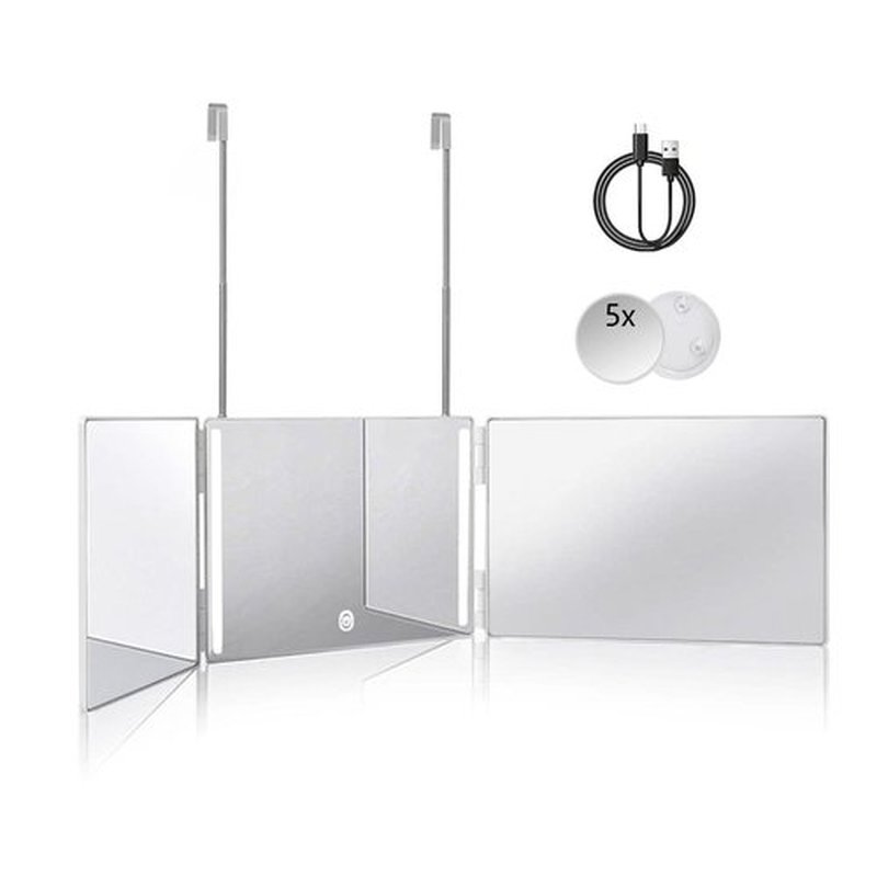 HIEEY 3 Way Mirror for Hair Cutting with LED,360 Trifold Mirror with Height Adjustable Telescoping Hooks,and 5X Magnification Mirror,for Makeup, Hair Styling (White)