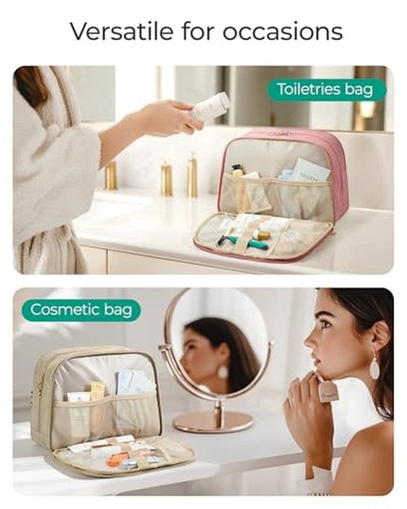 BAGSMART Travel Toiletry Bag, Large Wide-open Travel Bag for Toiletries, Puffy Makeup Cosmetic Travel Bag with Handle-Beige