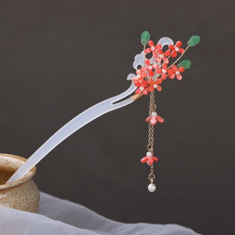 2 Pcs Rabithenn Chinese Cloud Shape Red and Purple Flower Hair Sticks Resin Hair Chopsticks Retro with Tassel Handmade Hairpin for Buns Accessories for Women Girls Long Hair (Black and White)