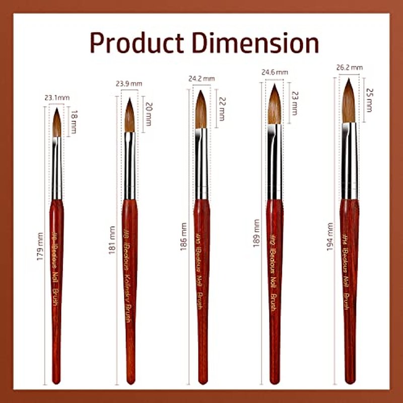 iBealous Kolinsky Acrylic Nail Brush, Professional Red Wood Sable Acrylic Nail Art Brush, Oval Shaped Nail Acrylic Brush for Nail Extension Carved 3D Home Salon Tech Beginner (Size 8)