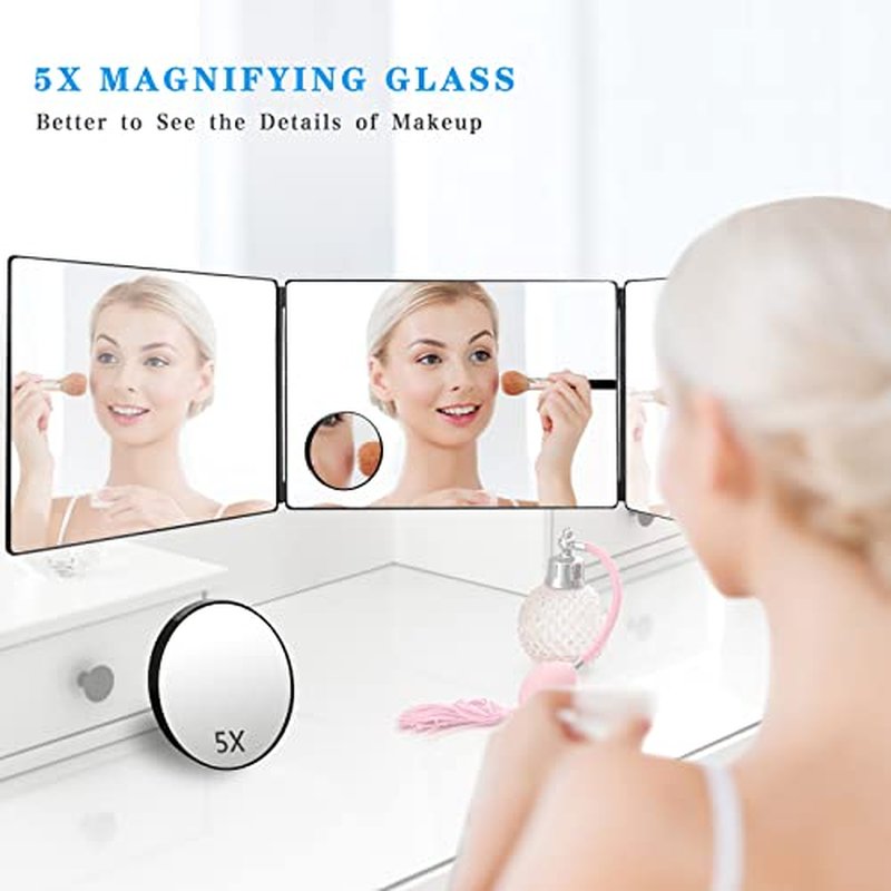 JANMPASK LED 3 Way Mirror for Self Hair Cutting Mirror Vanity Mirror Barber Supplies Accessories 360 Makeup Mirror with Light Trifold Mirror to See Back of Head (White with Light)