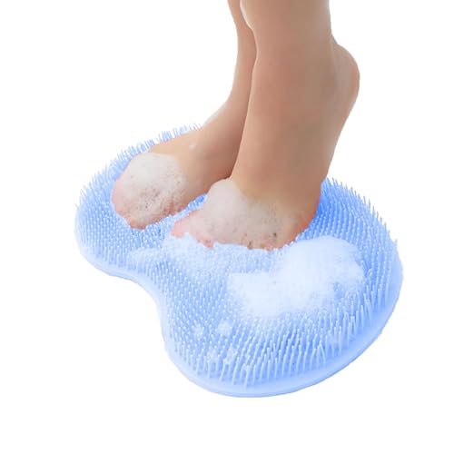 Shower Foot and Back Scrubber Mat,Wall Mounted Shower Foot Scrubber with Suction Cups,Exfoliating Silicone Massage Foot Cleaner for Shower(Blue)
