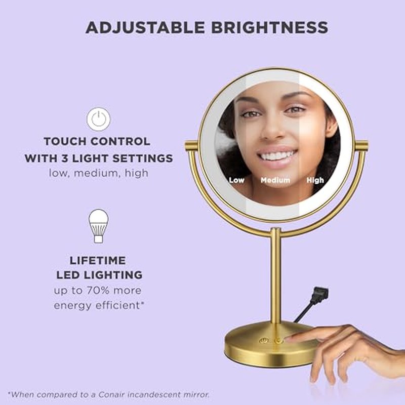 Conair Lighted Makeup Mirror, LED Vanity Mirror, 1X/10x Magnifying Mirror, Corded in Brushed Brass Finish