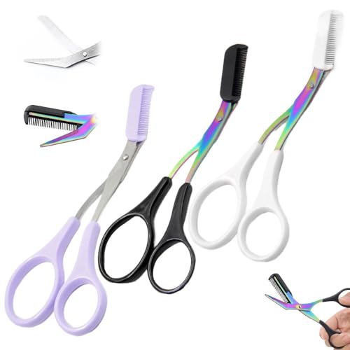 Eyebrow Trimmer Scissor,Upgrade 2 In 1 Eyebrow Scissors with Comb,Non-Slip Stainless Steel Eyebrow Trimming Scissors, Eyebrow Cutter Hair Removal Eyebrow Scissors Makeup Tool for Women Men (3Pcs A)