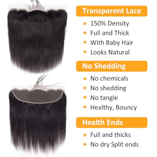 QTHAIR 14A Brazilian Hair Straight Human Bundles with Transparent Hd Lace Closure(16 18 20+14,Natural Black) 100% Unprocessed Human Hair with Swiss Lace Closure Brazilian Straight Weave Hair