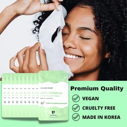 ParadiseGal Anti-Wrinkle Face Masks (10-Pack) Korean Skincare Infused with Collagen, Green Tea, Glutathione, Niacinamide & Ceramide - Hydrating Solution for Smooth, Youthful Skin