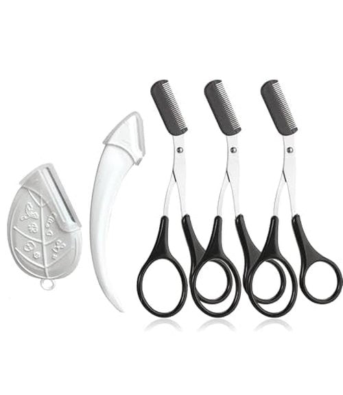 5Pcs Eyebrow Grooming Kit, Eyebrow Trimmer, Leaf-Shaped Eyebrow Razor, Professional Eyebrow Trimmer Scissors for Any Skin Type Hair Removal Accessories Make Up Tool for Men Women-White+Pink
