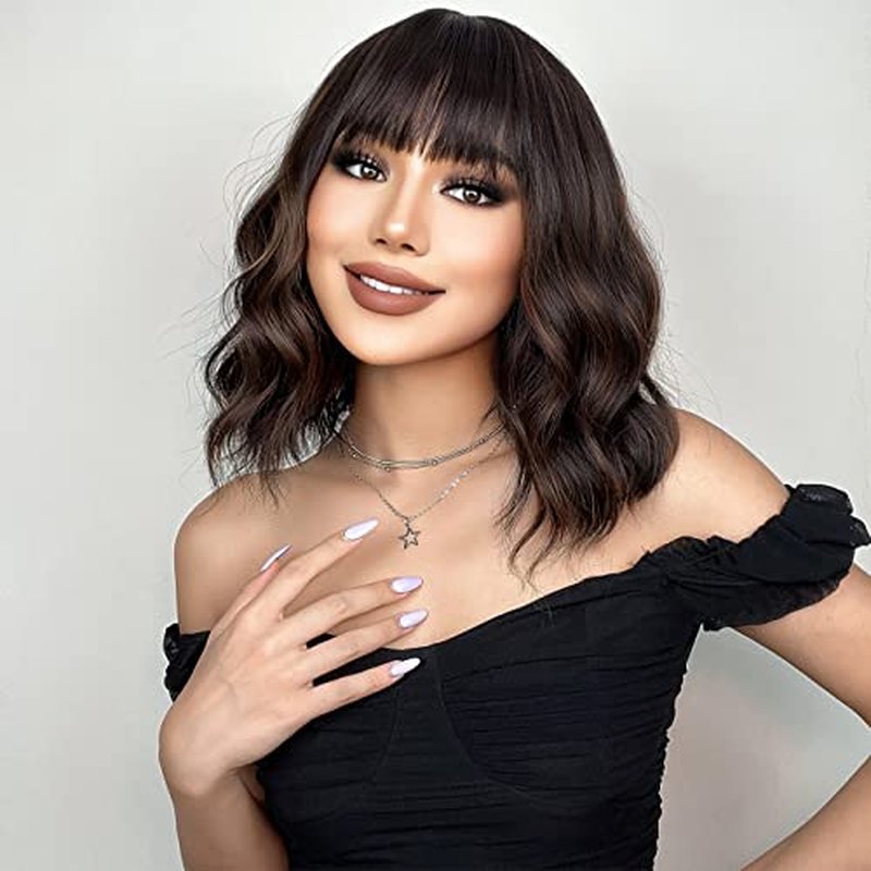 BERON Black Brown Wigs Short Curly Bob Wig with Bangs Mixed Color Wavy Hair Wigs 12'' Women's Synthetic Wigs Daily Use