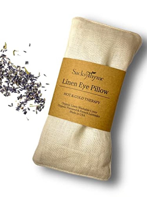 Sacksy Thyme Organic Linen Eye Pillow - Lavender & Flaxseed for Relaxation, Yoga, Stress Relief - Microwavable Heating Pad & Cool Compress - Made in USA - Gifts for Meditation - (Lavender)